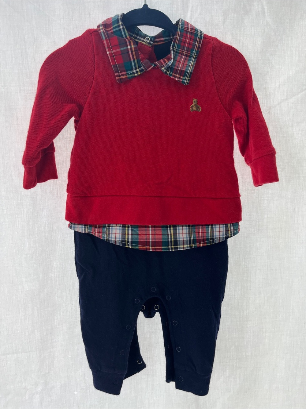 GAP Baby Red and Navy Snap-Front One Piece Outfit with Plaid Trim